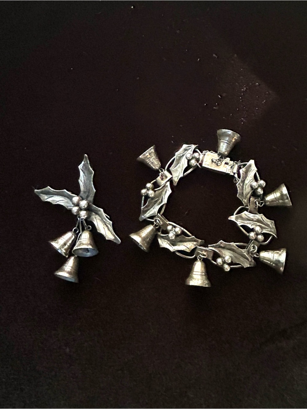 Holiday Holly Bell Bracelet and Pendant Set - Silver Tone